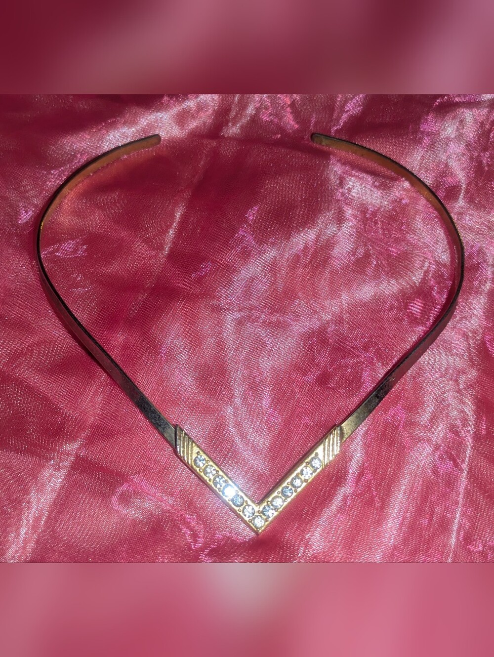 Vintage Gold-toned Rigid Chevron V-shaped Choker Necklace/Tiara w. Rhinestones